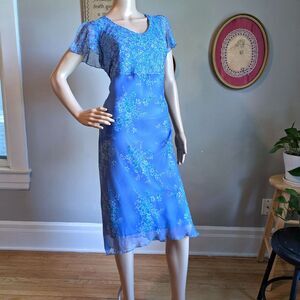 Vintage 90s Y2K Believe Midi Dress Blue Floral Fairycore Cottagecore Size 8